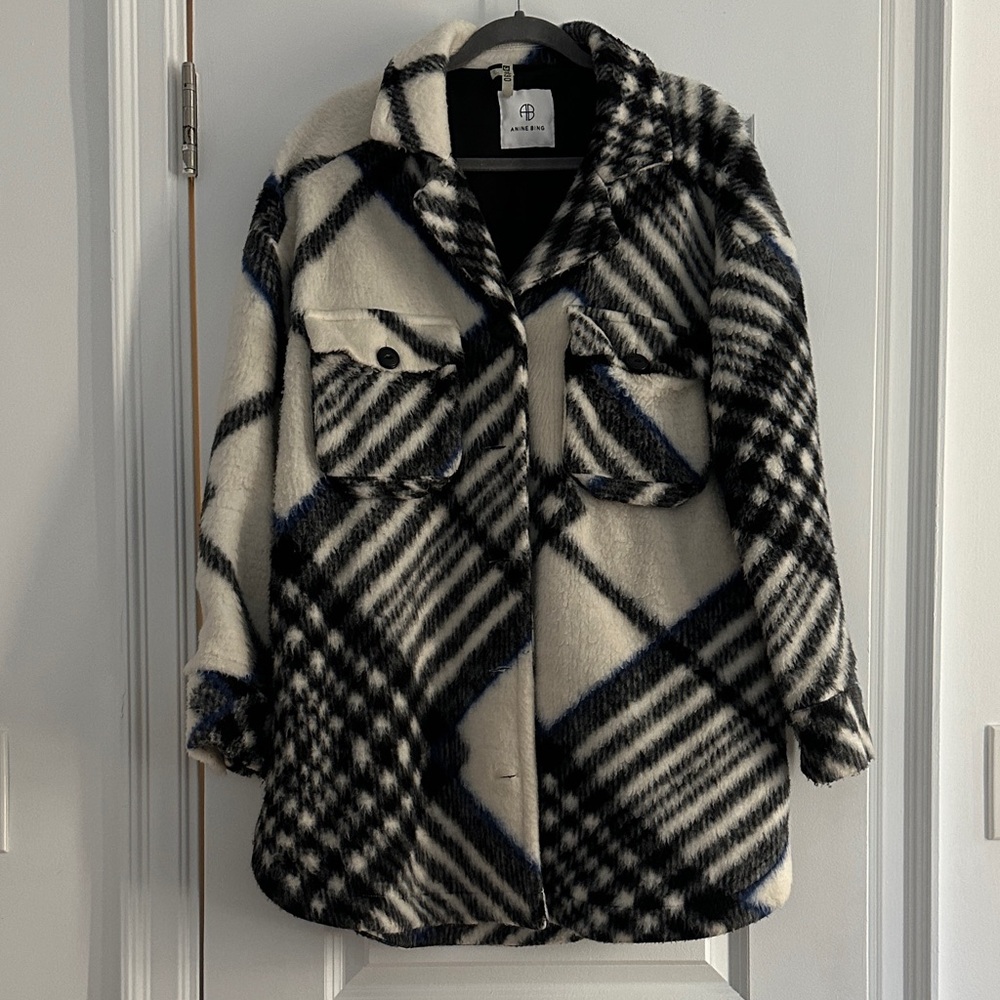 ANINE BING Oakley Black White Blue Check Oversized Jacket M Plaid Shacket